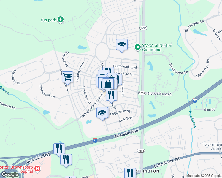 map of restaurants, bars, coffee shops, grocery stores, and more near 10701 Meeting Street in Prospect