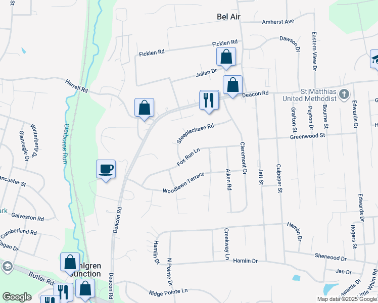 map of restaurants, bars, coffee shops, grocery stores, and more near 21 Fox Run Lane in Fredericksburg