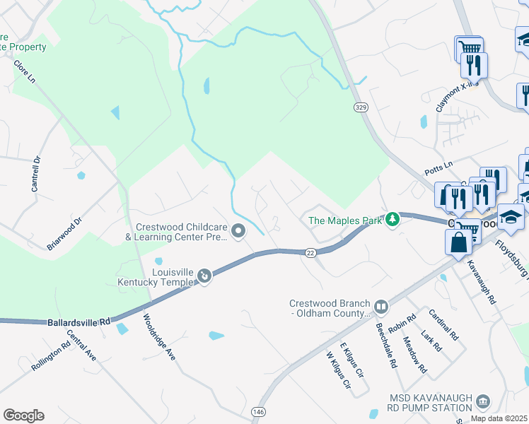 map of restaurants, bars, coffee shops, grocery stores, and more near 2000 Deer Park Circle in Crestwood