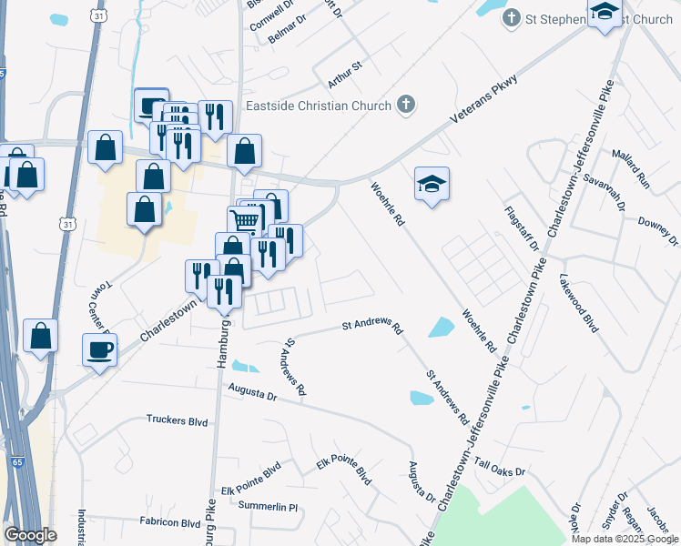 map of restaurants, bars, coffee shops, grocery stores, and more near 1906 Charlestown New Albany Road in Jeffersonville