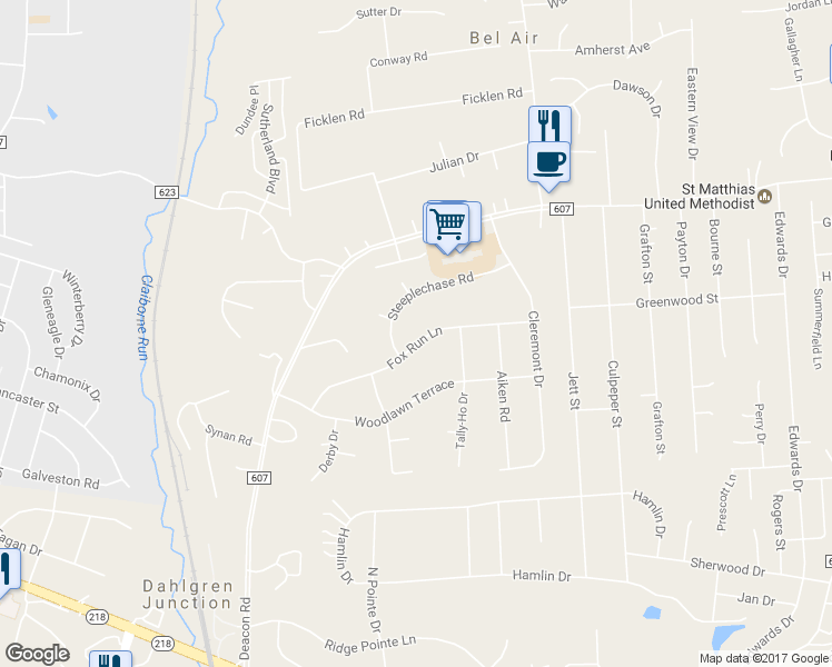 map of restaurants, bars, coffee shops, grocery stores, and more near 21 Fox Run Lane in Fredericksburg
