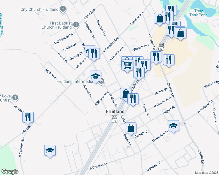 map of restaurants, bars, coffee shops, grocery stores, and more near 123 West Main Street in Fruitland