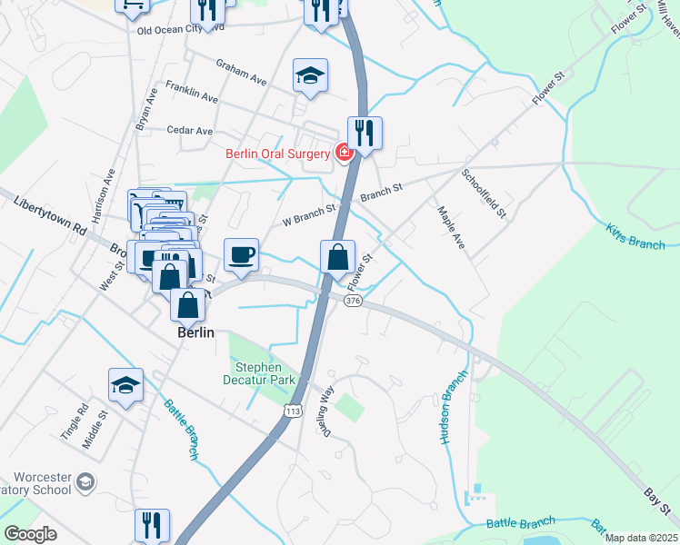 map of restaurants, bars, coffee shops, grocery stores, and more near 113 Flower Street in Berlin