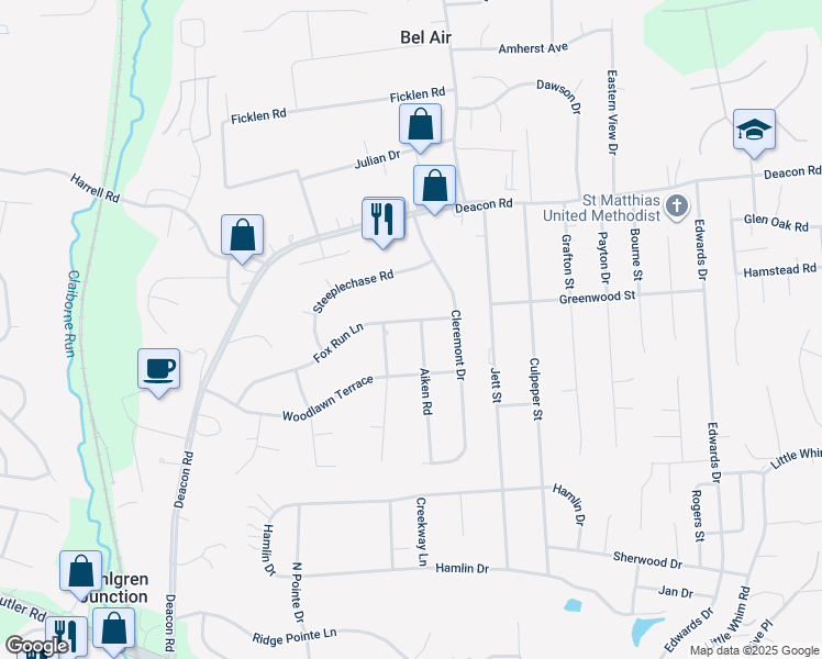 map of restaurants, bars, coffee shops, grocery stores, and more near 36 Fox Run Lane in Fredericksburg