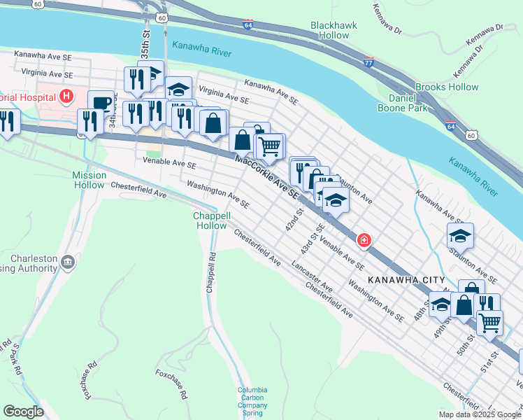 map of restaurants, bars, coffee shops, grocery stores, and more near 3920 Washington Avenue Southeast in Charleston