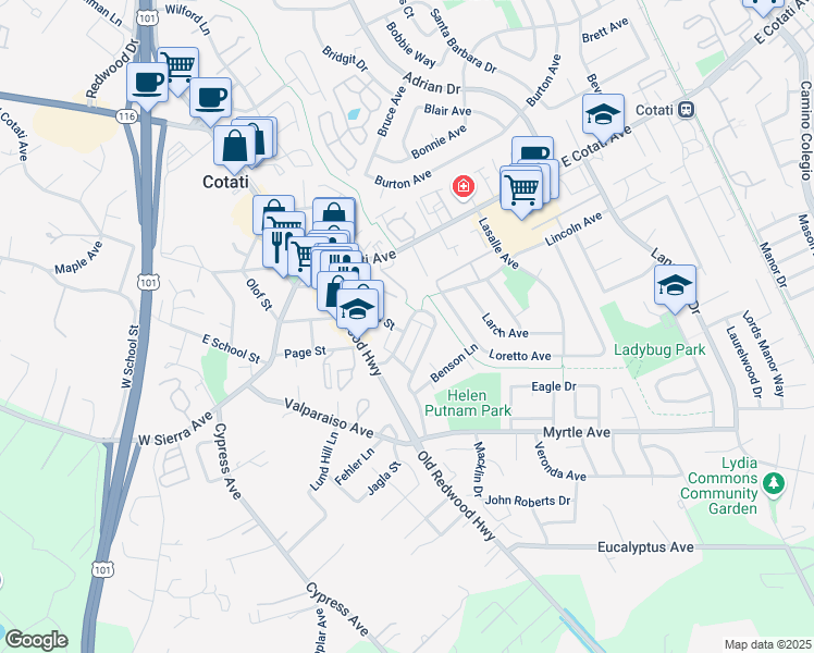 map of restaurants, bars, coffee shops, grocery stores, and more near 635 McGinnis Circle in Cotati
