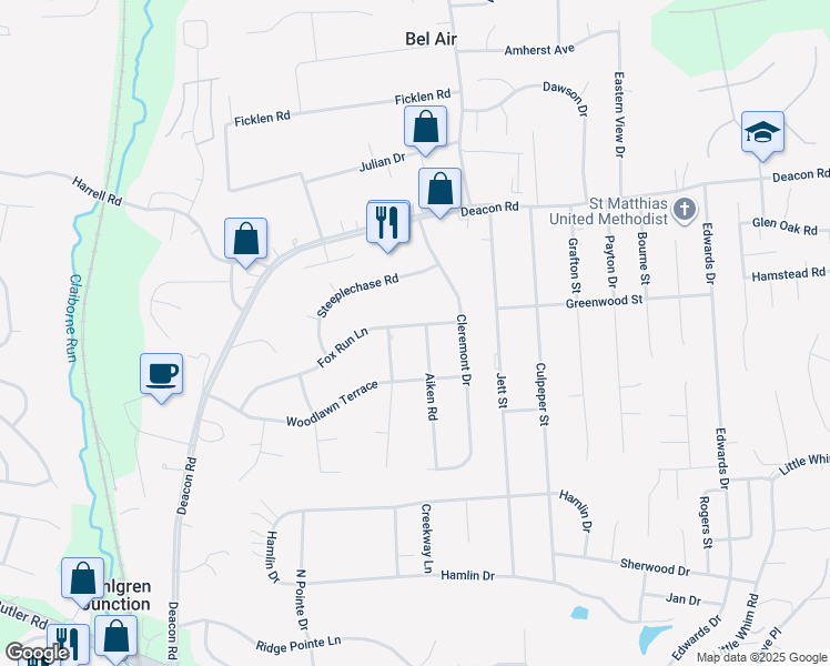 map of restaurants, bars, coffee shops, grocery stores, and more near 36 Fox Run Lane in Fredericksburg