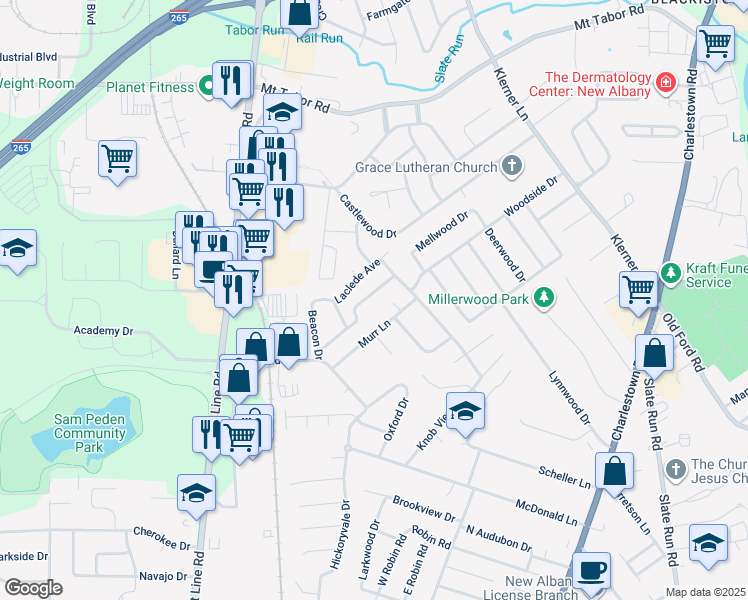 map of restaurants, bars, coffee shops, grocery stores, and more near 3216 Hickory Grove in New Albany