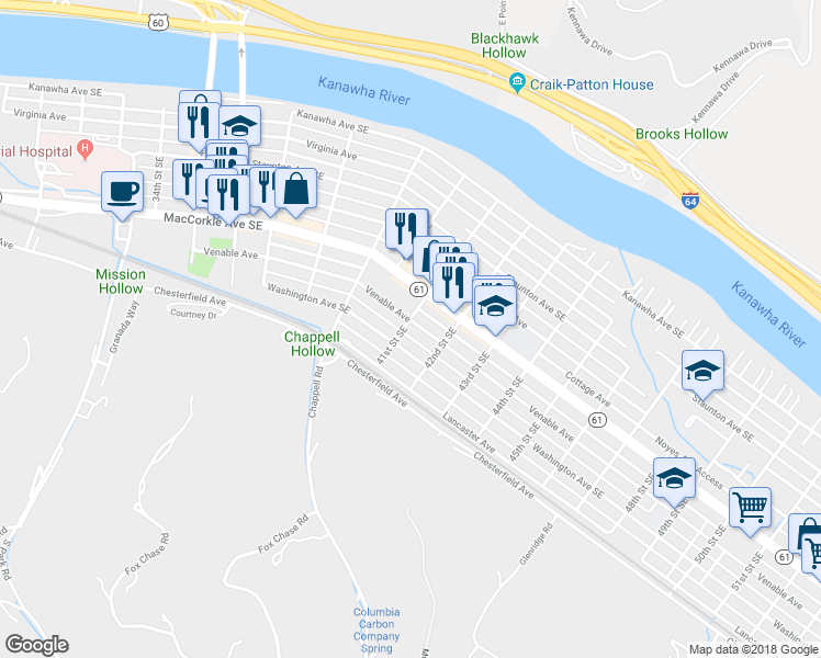 map of restaurants, bars, coffee shops, grocery stores, and more near 518 41st Street Southeast in Charleston