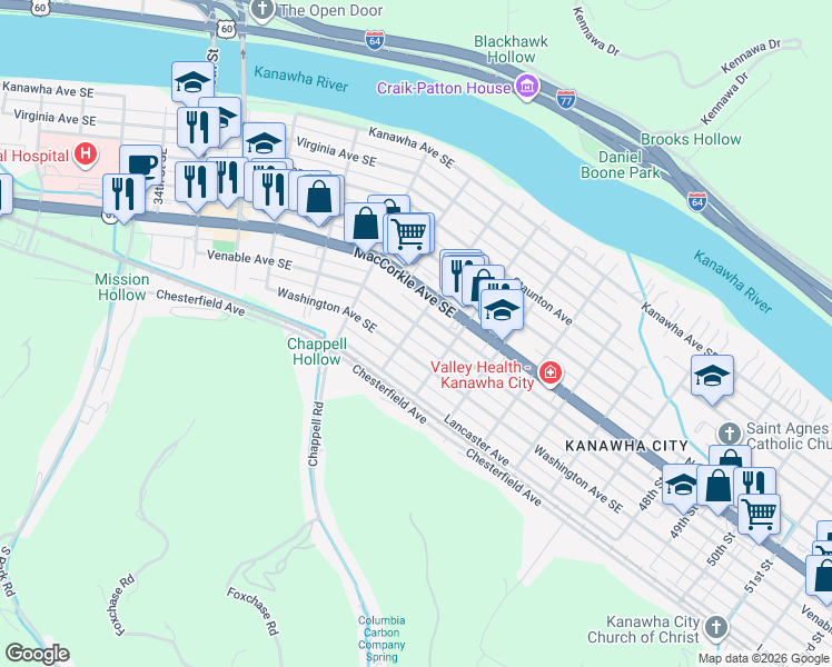 map of restaurants, bars, coffee shops, grocery stores, and more near 516 41st Street Southeast in Charleston