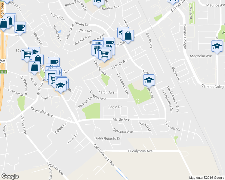 map of restaurants, bars, coffee shops, grocery stores, and more near 8552 Larch Avenue in Cotati