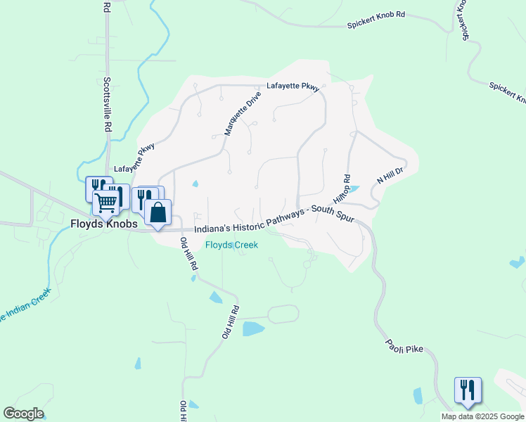 map of restaurants, bars, coffee shops, grocery stores, and more near 3502 Paoli Pike in Floyds Knobs