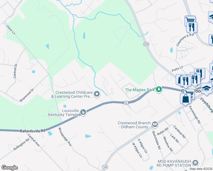 map of restaurants, bars, coffee shops, grocery stores, and more near 2006 Deer Park Circle in Crestwood