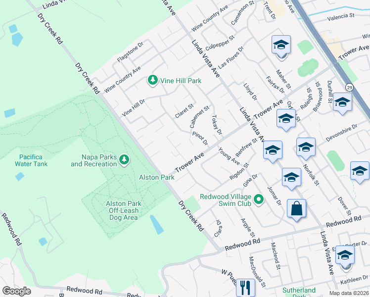 map of restaurants, bars, coffee shops, grocery stores, and more near 20 Dickerson Lane in Napa