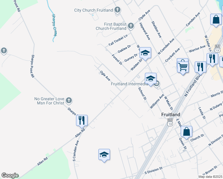 map of restaurants, bars, coffee shops, grocery stores, and more near 405 Mason Avenue in Fruitland