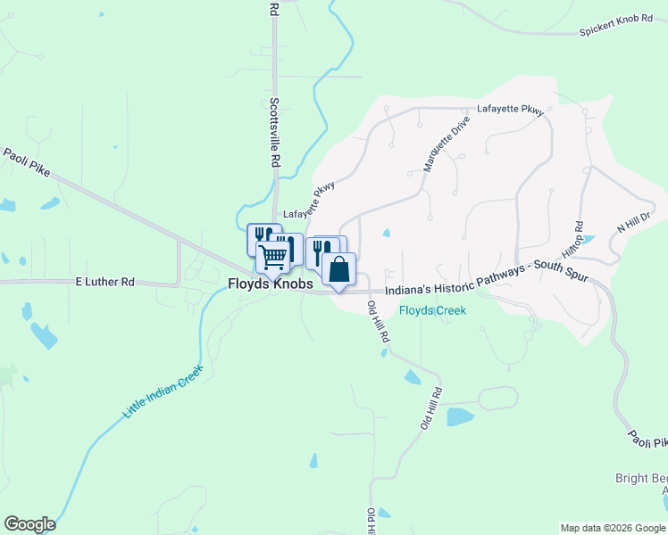 map of restaurants, bars, coffee shops, grocery stores, and more near 2601 Deville Drive in Floyds Knobs