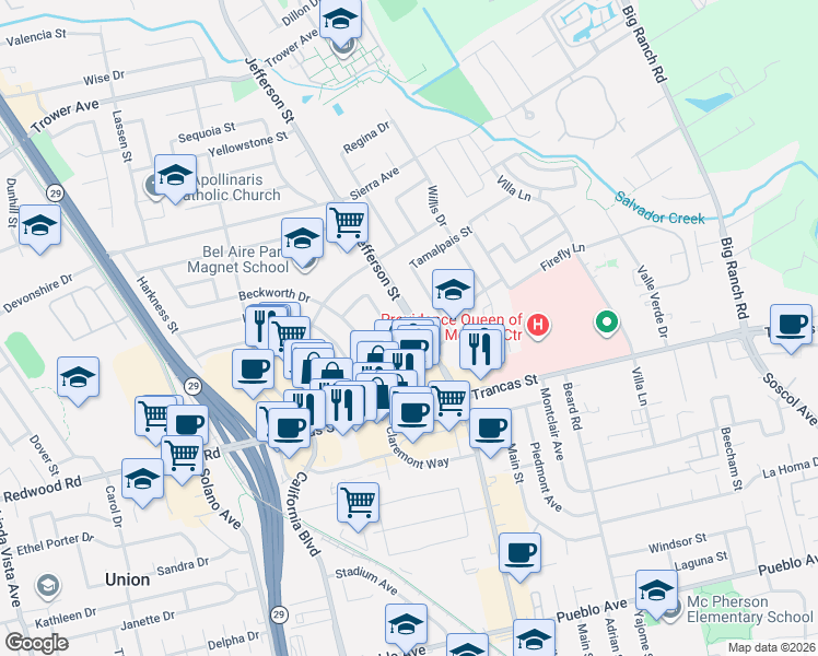 map of restaurants, bars, coffee shops, grocery stores, and more near 3520 Palomar Way in Napa