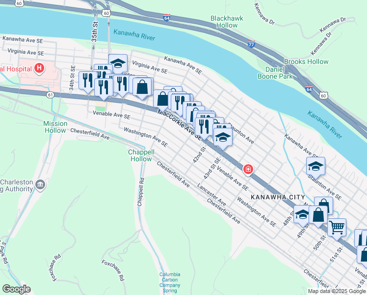 map of restaurants, bars, coffee shops, grocery stores, and more near 3920 Washington Avenue Southeast in Charleston