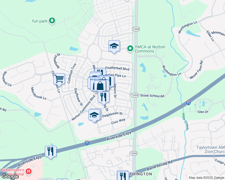 map of restaurants, bars, coffee shops, grocery stores, and more near 9509 Norton Commons Boulevard in Prospect