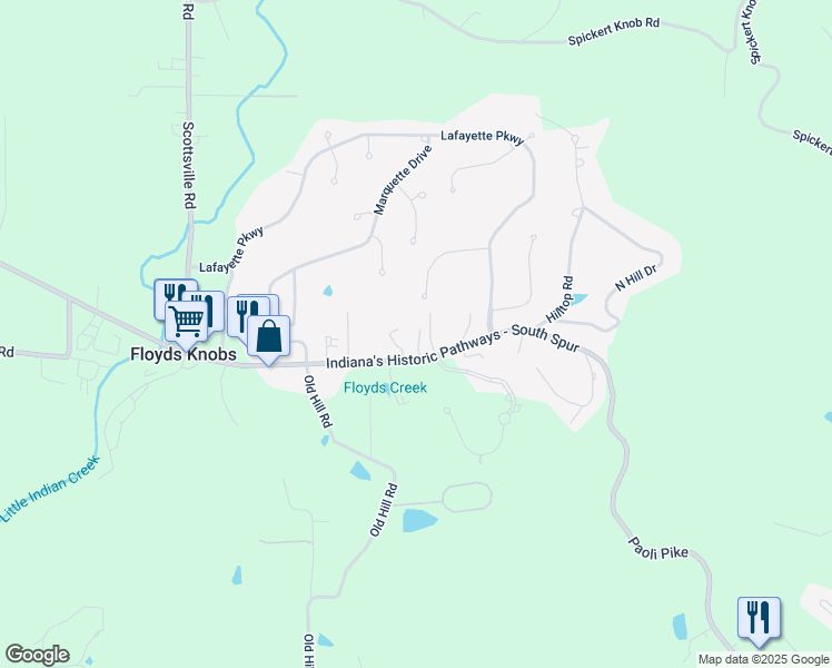 map of restaurants, bars, coffee shops, grocery stores, and more near 3502 Paoli Pike in Floyds Knobs
