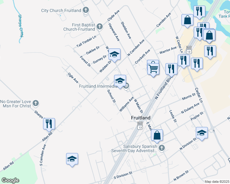 map of restaurants, bars, coffee shops, grocery stores, and more near 208 West Main Street in Fruitland