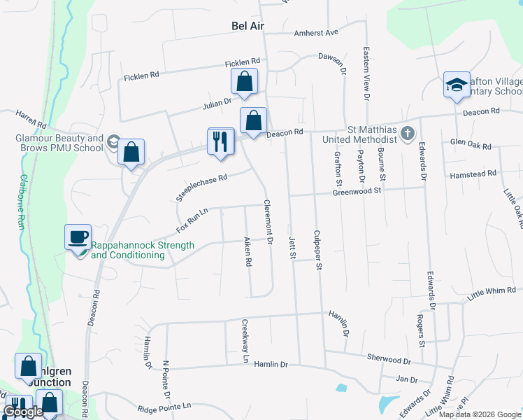 map of restaurants, bars, coffee shops, grocery stores, and more near 102 Cleremont Drive in Fredericksburg