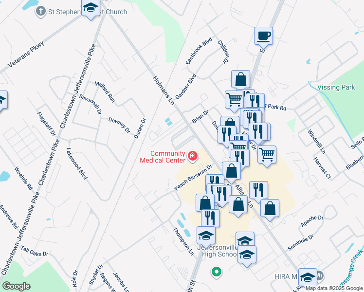 map of restaurants, bars, coffee shops, grocery stores, and more near 2930 Amanda Drive in Jeffersonville
