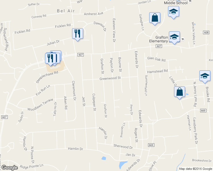 map of restaurants, bars, coffee shops, grocery stores, and more near 714 Grafton Street in Fredericksburg