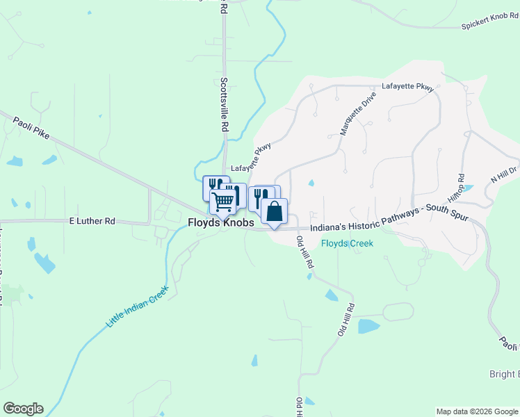 map of restaurants, bars, coffee shops, grocery stores, and more near 2609 West Deville Court in Floyds Knobs