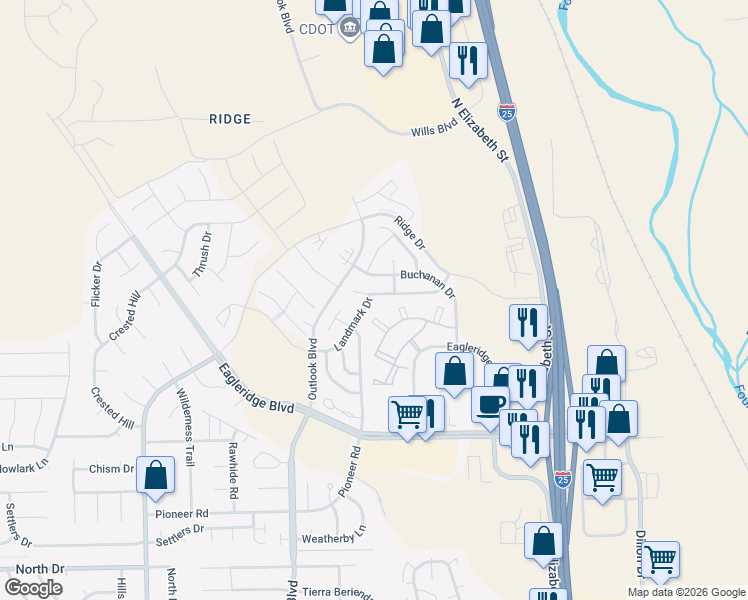 map of restaurants, bars, coffee shops, grocery stores, and more near 1128 Silverqueen Rd in Pueblo