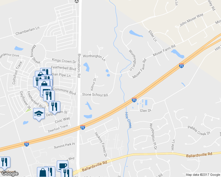 map of restaurants, bars, coffee shops, grocery stores, and more near 10303 Stone School Road in Prospect