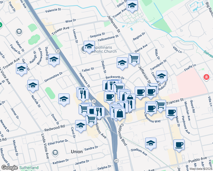 map of restaurants, bars, coffee shops, grocery stores, and more near 3601 Idlewild Avenue in Napa