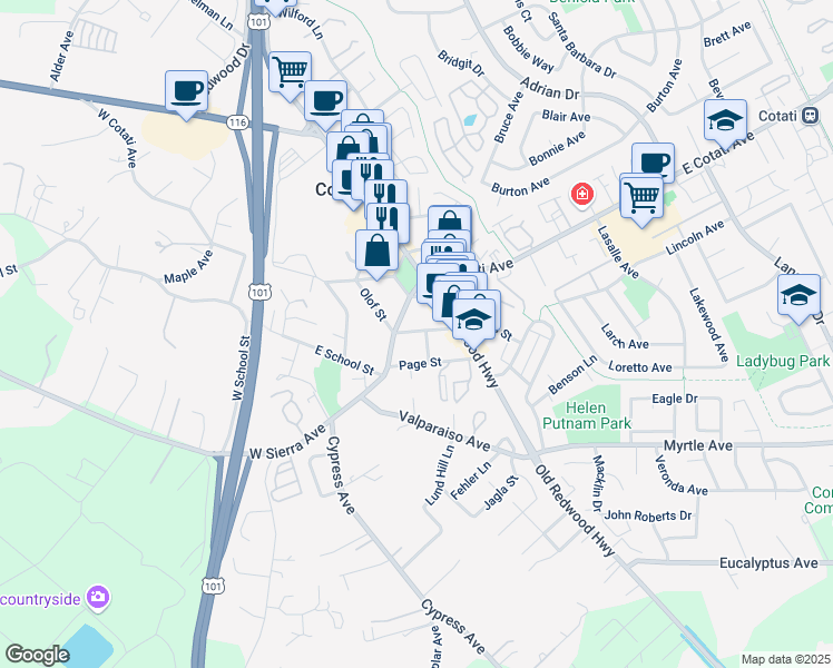 map of restaurants, bars, coffee shops, grocery stores, and more near 78 Henry Street in Cotati