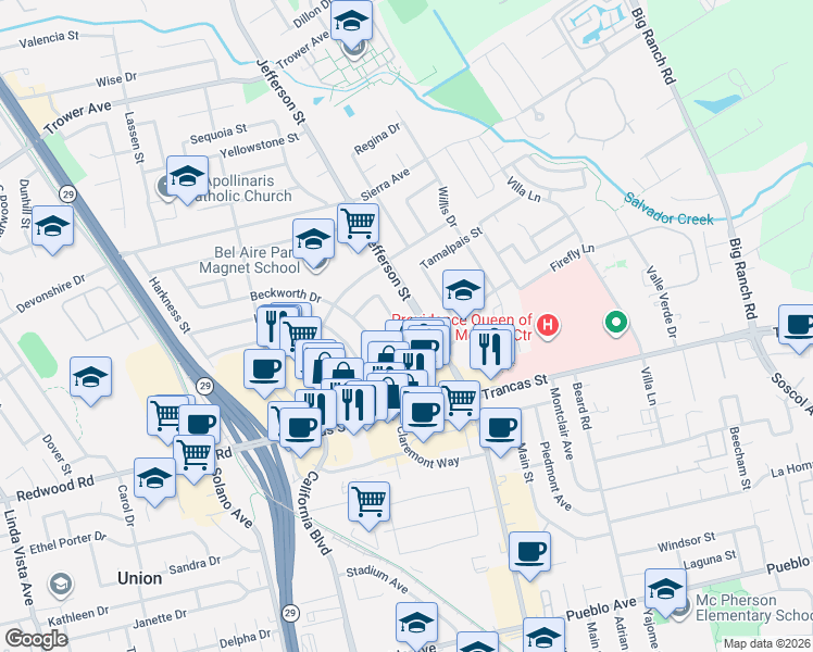 map of restaurants, bars, coffee shops, grocery stores, and more near 3520 Palomar Way in Napa