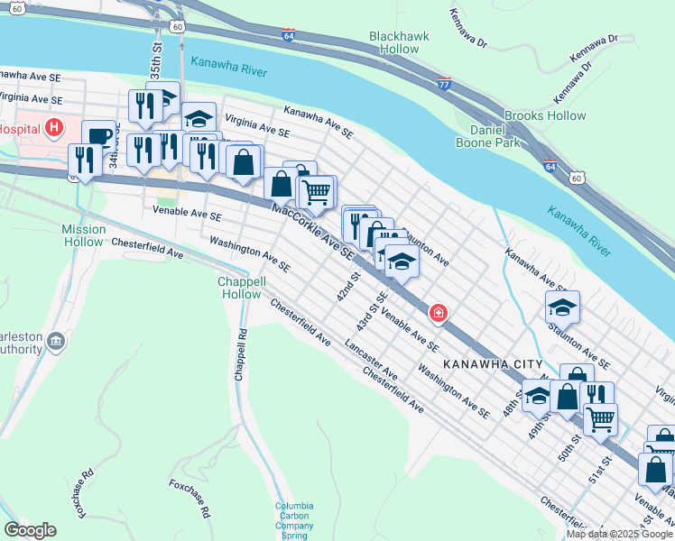 map of restaurants, bars, coffee shops, grocery stores, and more near 4110 Venable Avenue in Charleston