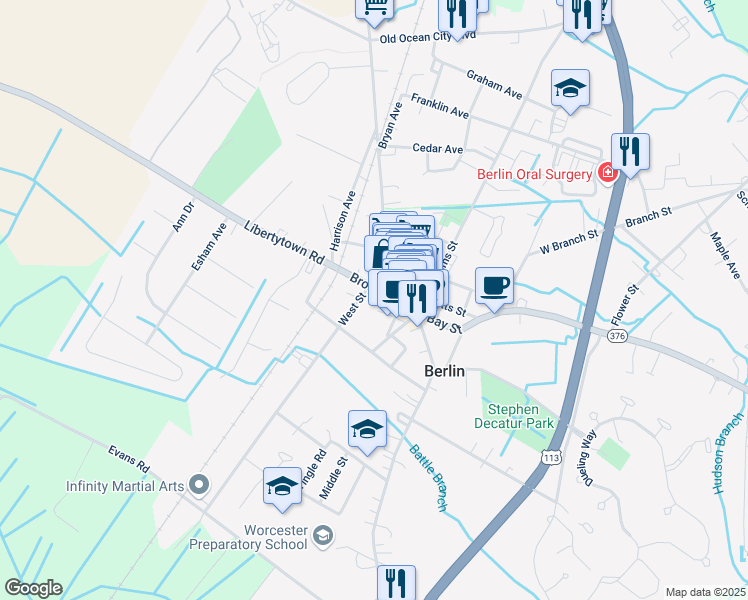 map of restaurants, bars, coffee shops, grocery stores, and more near 24 Broad St in Berlin