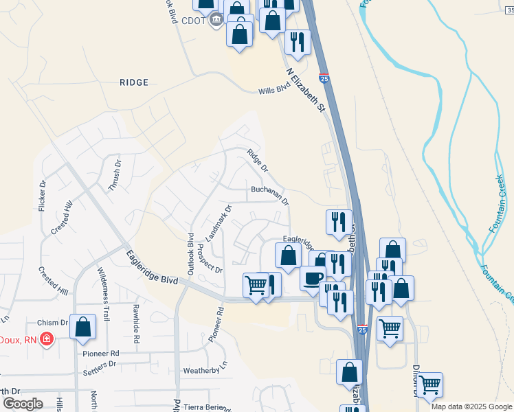 map of restaurants, bars, coffee shops, grocery stores, and more near 1014 Silverqueen Road in Pueblo