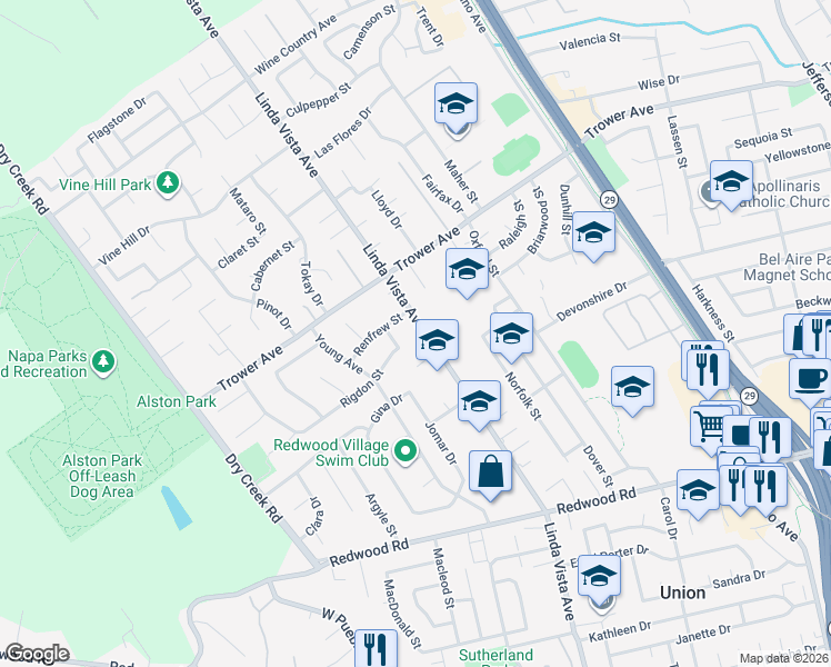 map of restaurants, bars, coffee shops, grocery stores, and more near 3873 Linda Vista Avenue in Napa