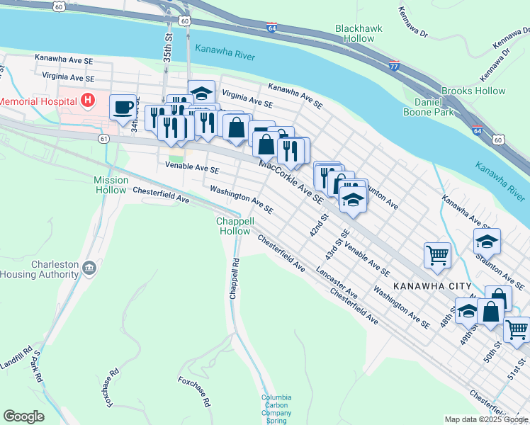 map of restaurants, bars, coffee shops, grocery stores, and more near 3907 Washington Avenue Southeast in Charleston