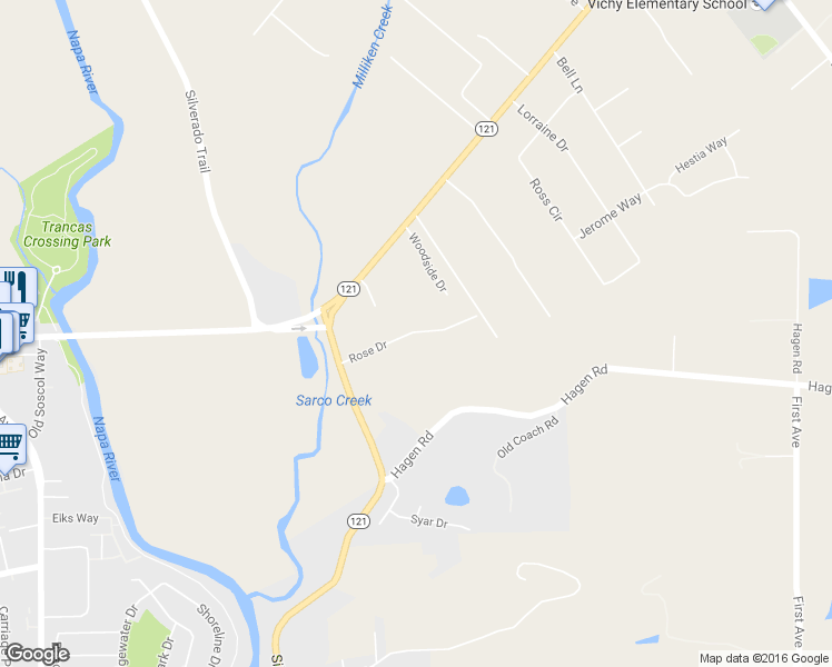 map of restaurants, bars, coffee shops, grocery stores, and more near Rose Drive in Napa