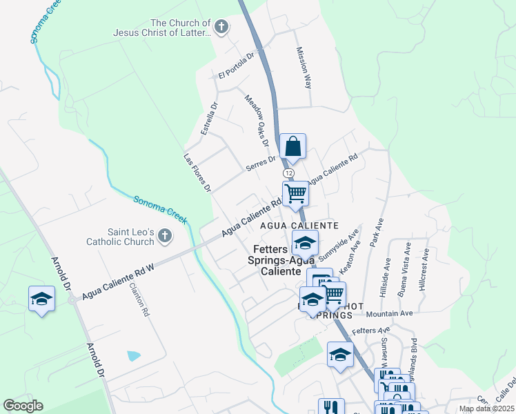 map of restaurants, bars, coffee shops, grocery stores, and more near 95 Agua Caliente Road West in Sonoma