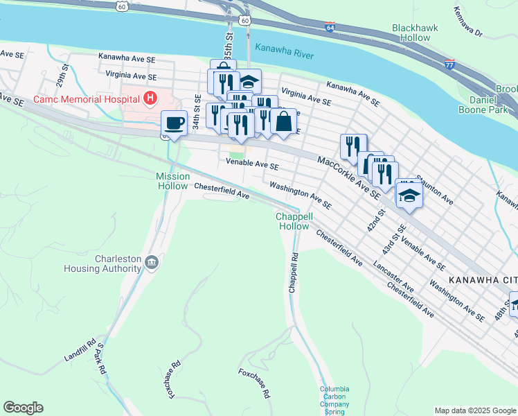 map of restaurants, bars, coffee shops, grocery stores, and more near 3655-3817 Chesterfield Avenue in Charleston