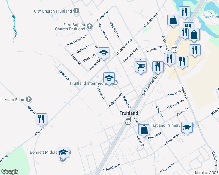 map of restaurants, bars, coffee shops, grocery stores, and more near 208 West Main Street in Fruitland
