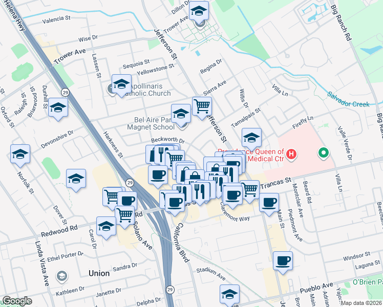 map of restaurants, bars, coffee shops, grocery stores, and more near 3518 Idlewild Avenue in Napa