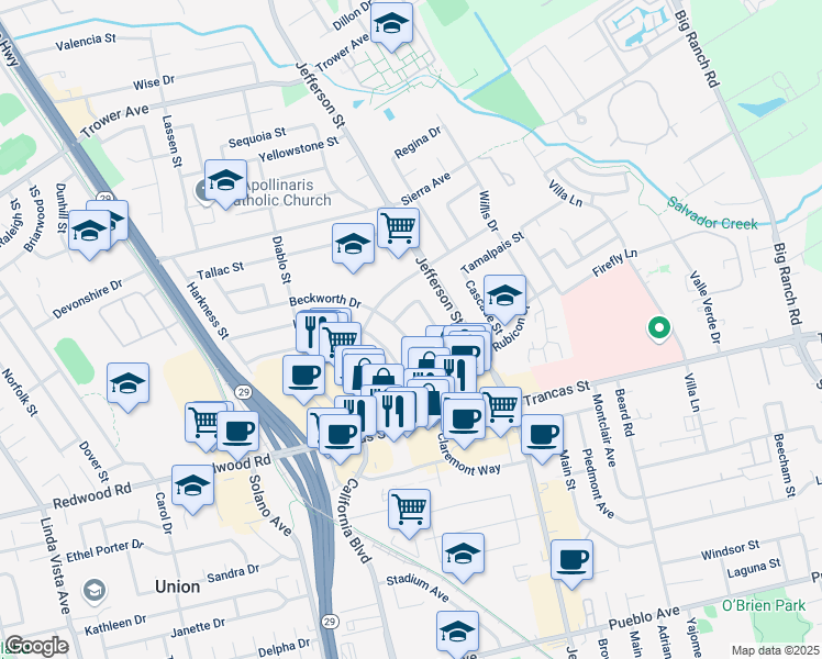 map of restaurants, bars, coffee shops, grocery stores, and more near 3536 Beckworth Drive in Napa