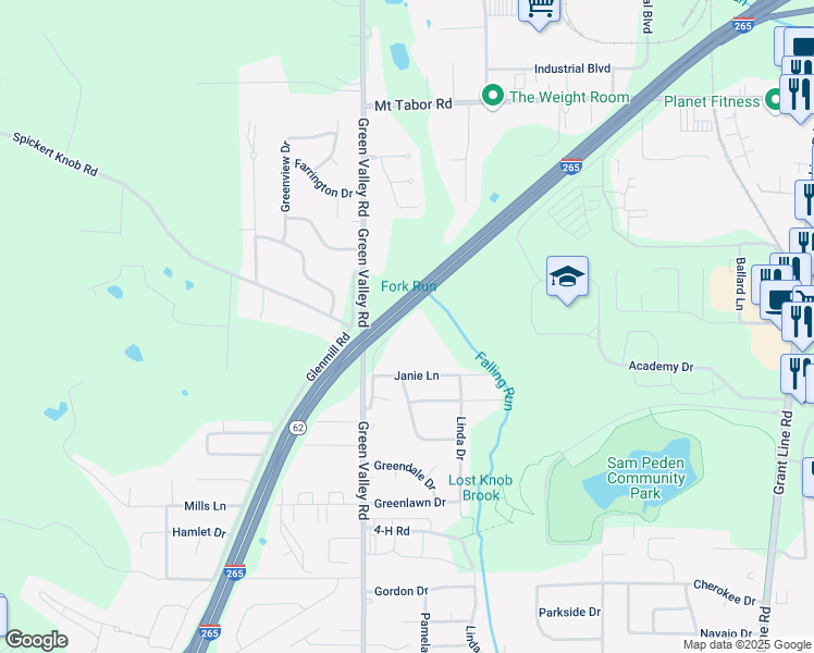 map of restaurants, bars, coffee shops, grocery stores, and more near 3118 Green Valley Road in New Albany