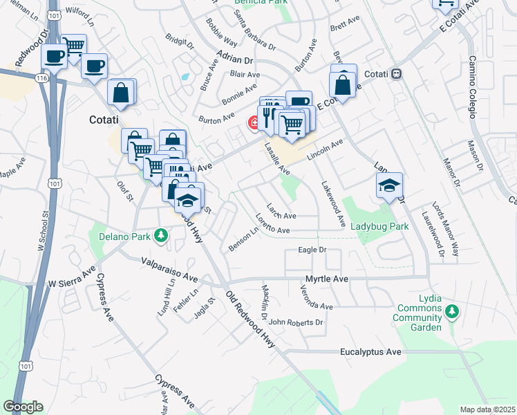 map of restaurants, bars, coffee shops, grocery stores, and more near 8508 Loretto Avenue in Cotati
