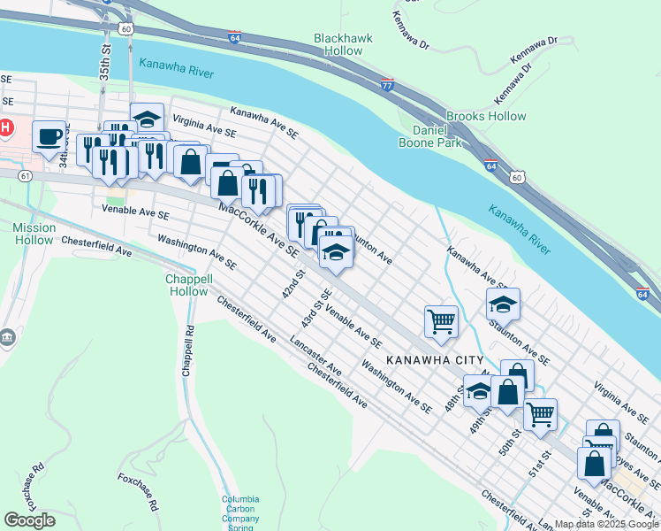 map of restaurants, bars, coffee shops, grocery stores, and more near 4217 Noyes Avenue in Charleston