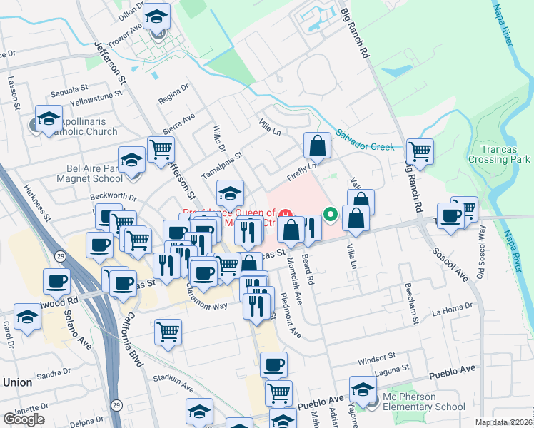 map of restaurants, bars, coffee shops, grocery stores, and more near 3460 Willis Drive in Napa