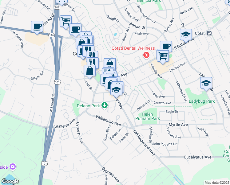 map of restaurants, bars, coffee shops, grocery stores, and more near 8 Charles St in Cotati